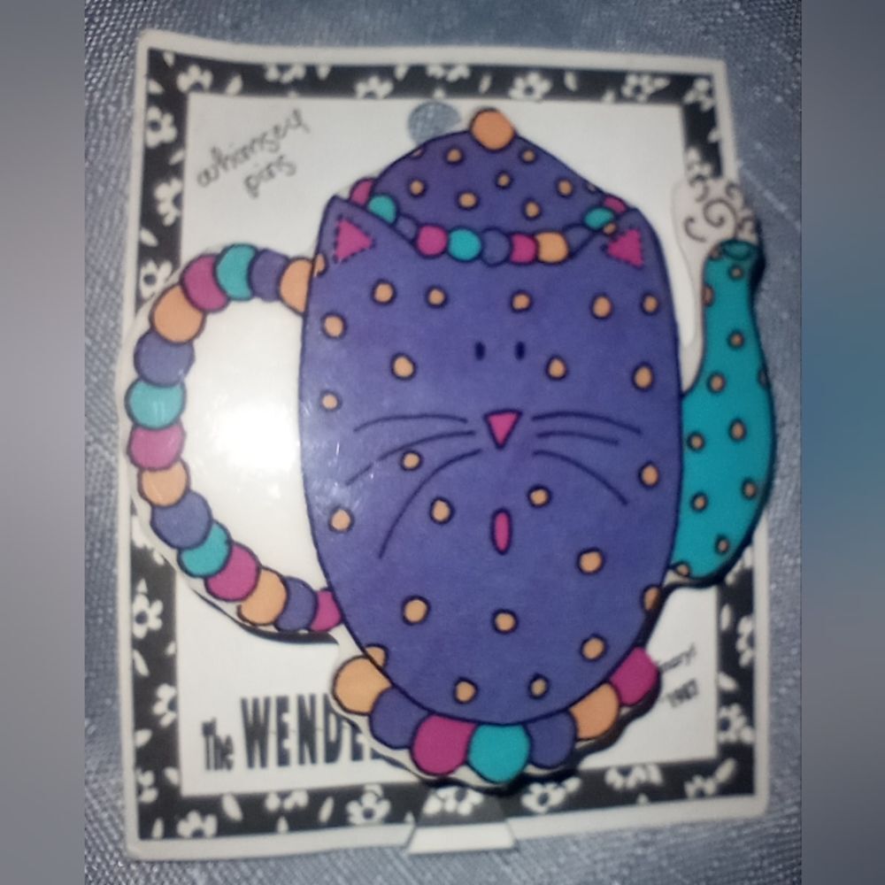 Vintage 1987 Whimsy Pins The Wendelline Cat Teapot Pin NWT
